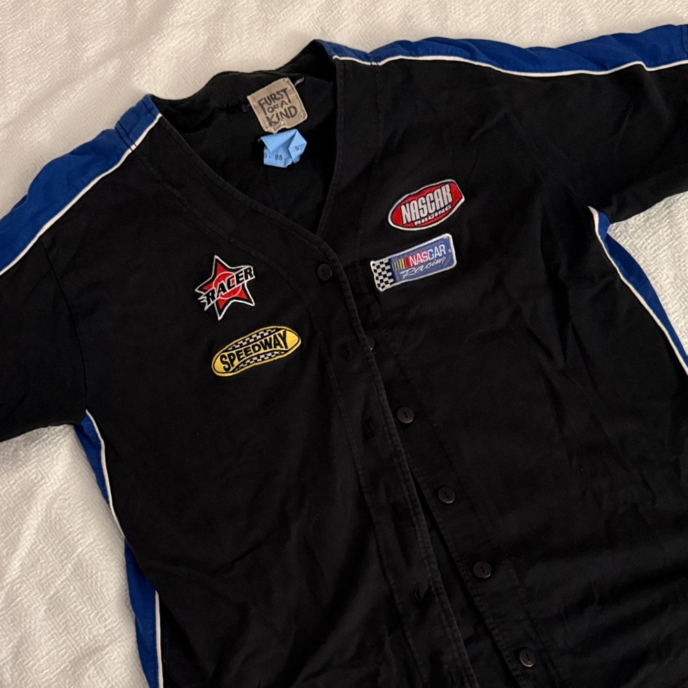 Vintage Black and Blue Racing Patch Button-Up Top